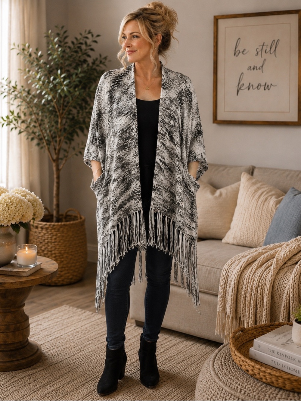 Lauren Michelle Gray Fringe Sweater Wrap Poncho Shrug Medium Pockets
